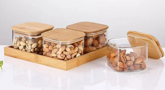 Wooden Lid Glass Jar with Tray - Set of 4 - 500ml