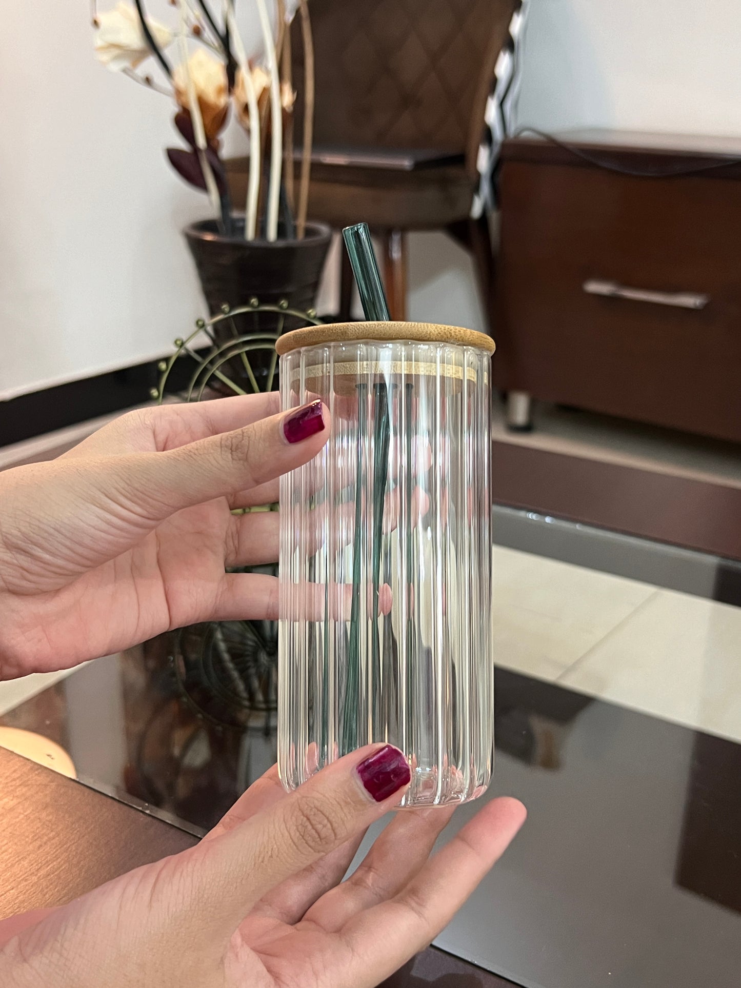 500ml Striped Glass Cups with Bamboo Lid and Glass Straw