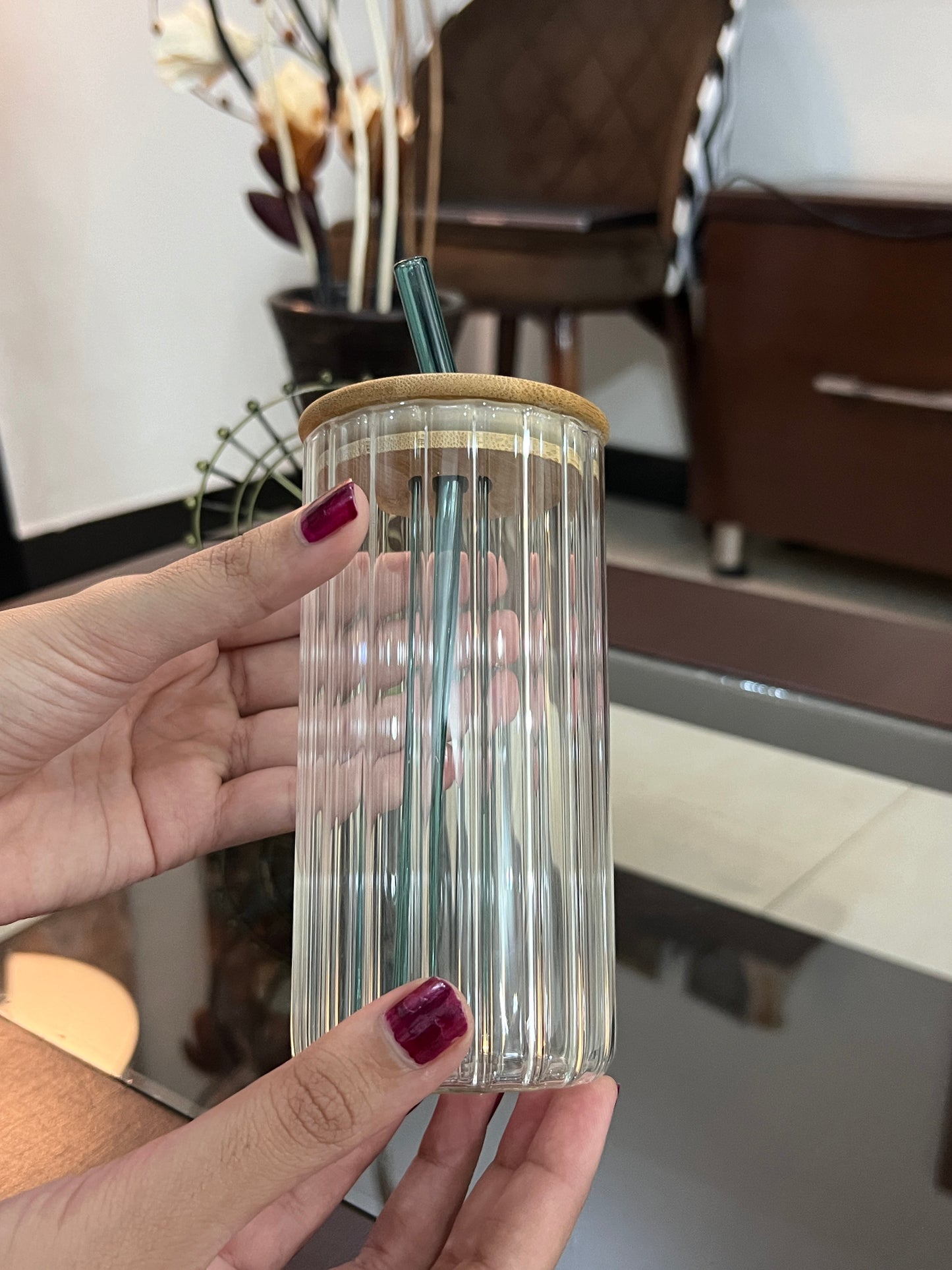 500ml Striped Glass Cups with Bamboo Lid and Glass Straw